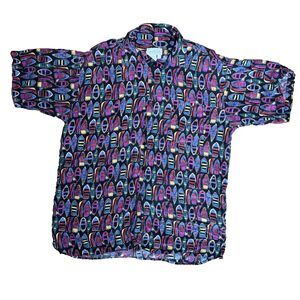 Vintage Duffel 100% Silk Canoe Kayak Boat Abstract Funky Button Down Large